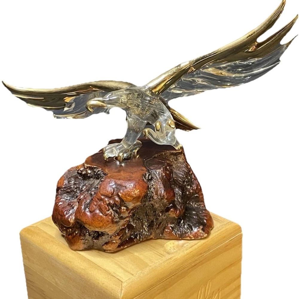 Vintage Glass Eagle Sculpture Perched on Burl Wood with 22k Gold Accents 7x5